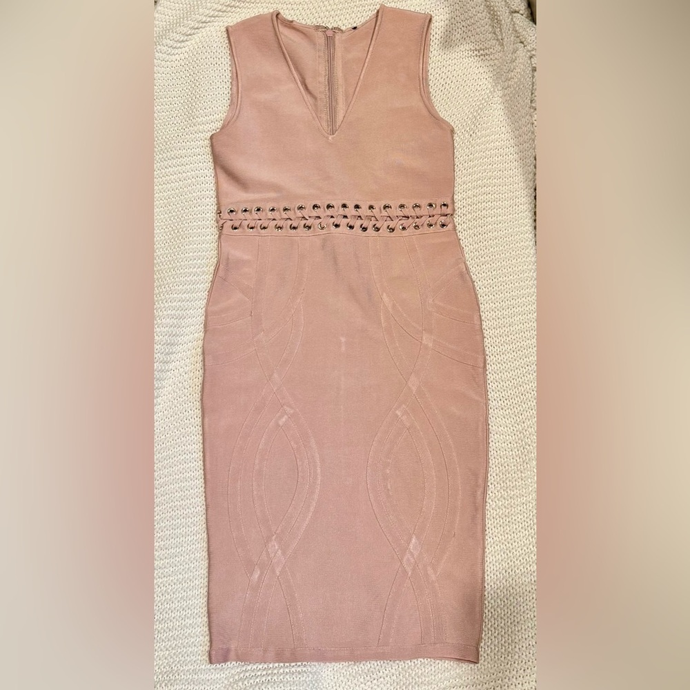 Elegant Blush Bodycon Dress with Eyelet Detail